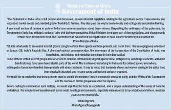 Press Statement on recent comments by foreign individuals and entities on the farmers’ protests